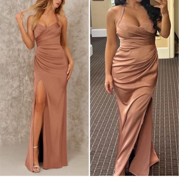 NWT Azazie Kendall X Kylie Formal Pink Satin Bow Maxi Bridesmaid Prom Dress 2 - Picture 2 of 7